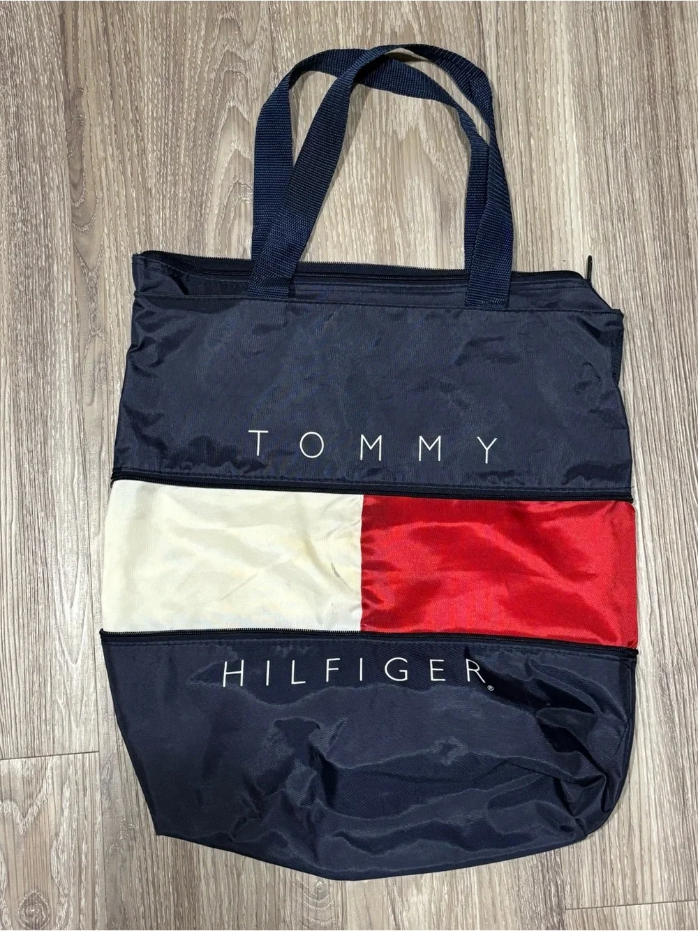 Vintage Tommy Hilfiger Flag Nylon Tote Bag Y2K 90s Zip Shopper Travel Beach Bag